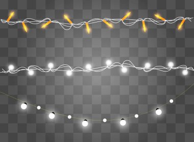 Şeffaf arka planda izole edilmiş Noel ışıkları. Parlayan Xmas çelengi. Vektör illüstrasyonu