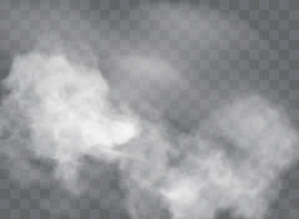 Прозрачный спецэффект выделяется туманом или дымом. Вектор белого облака, туман или смог.