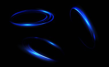 Mavi neon yüzük. Parlayan daire. Işık efekti. Yuvarlak ışık çerçevesi. Hareketin soyut ışık çizgileri ve hareket ve hızın soyut ışık çizgileri. açık mavi elips.