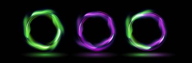 Siyah arkaplan teknolojisi kavramında izole edilmiş dalgalı dinamik çizgilerle parlayan neon renkli daireler. Dairesel ışık çerçeve kenarı