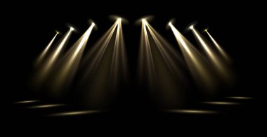 Vektör Sahne Işıklandırma Efektleri Konser Işıkları Seti, Etkinlik Tasarımları için Gerçekçi Işık Kaynakları, Parti Posterleri, Web Afişleri ve Şeffaf Arkaplan