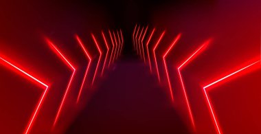 Soyut kırmızı neon ok ışığı arka planı. Kumarhane için gelecek siber lazer hattı hareket pankartı. Dinamik tekno perspektif ışını 3d grafik tasarımı.