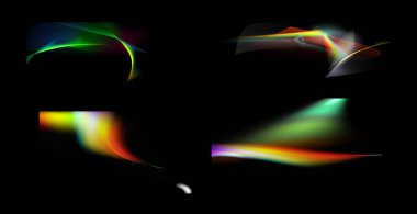 Iridescent crystal leak glare reflection effect. Optical rainbow lights, glare, leak, streak overlay. falling confetti. Vector colorful vector lenses and light flares with transparent effect