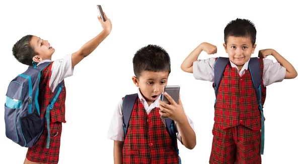 Jovem Ásia Menino Vermelho Escola Uniforme Vários Poses Isolado Branco — Fotografia de Stock