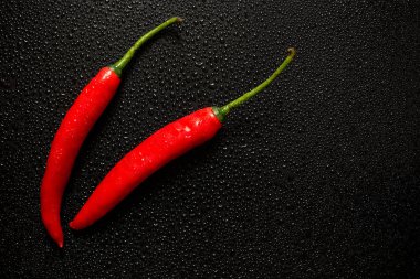 Metin için kopya alanı ile doku-gıda kavramı görüntü oluşturma su damlacıkları ile siyah arka planda taze organik kırmızı Chili.