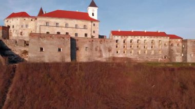Mukachevo 'daki Palanok şatosunun güzel akşam manzarası. Ukrayna.