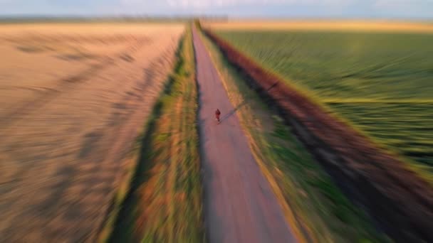 Een Man Bij Zonsondergang Berijdt Een Fiets Langs Een Geel — Stockvideo