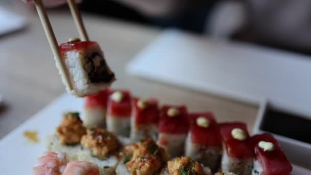 Video Surtido Rollos Sushi Japonés Mostrando Exquisita Combinación Pescado Fresco — Vídeos de Stock