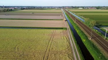 Renkli lale tarlalarının canlı bir hava manzarası. Çiçek açmış, düzenli sıralarda dizilmiş. Sarı, kırmızı, pembe ve mor renkli çizgiler Hollanda kırsalında uzanıyor. Demiryolu..