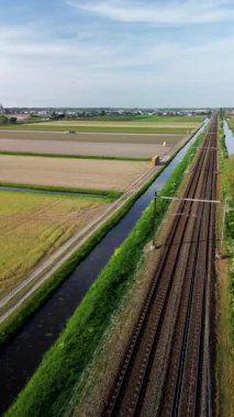 Renkli lale tarlalarının canlı bir hava manzarası. Çiçek açmış, düzenli sıralarda dizilmiş. Sarı, kırmızı, pembe ve mor renkli çizgiler Hollanda kırsalında uzanıyor. Demiryolu..