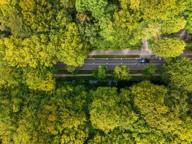 Aerial view of a forest road flanked by lush green trees, with a black car and a green car traveling in opposite directions, plus a sidewalk and narrow waterway alongside.