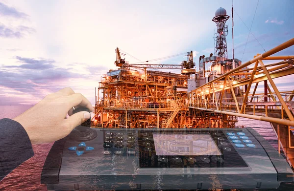 Double Exposure Hand Control Automate Contol Panel Oil Gas Industry — Stock Photo, Image