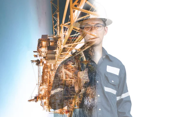 Double Exposure Engineer Technician Man Safety Helmet Operated Platform Plant — Stock Photo, Image