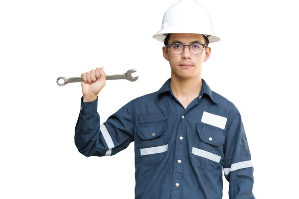 Ασιατική Άνθρωπο Μηχανικού Τεχνικού Στο Άσπρο Κράνος Γυαλιά Και Μπλε — Φωτογραφία Αρχείου