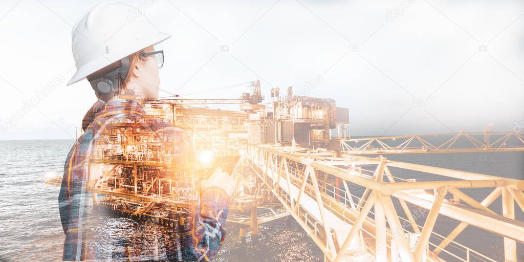Double exposure of Engineer or Technician woman with safety helm