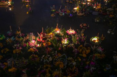 Tayland 'daki Loy Krathong festivalinde Krathong grubu kanala girdi..