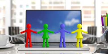 Takım iş kavramı. Dört renkli insan figürleri elele bir bilgisayarda, office iş arka plan bulanıklık. 3D çizim