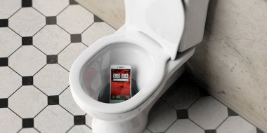 Cep telefonu siyah ve beyaz taşlarla banyo tuvalet kase düştü yukarıdan görüntüleyin. 3D çizim