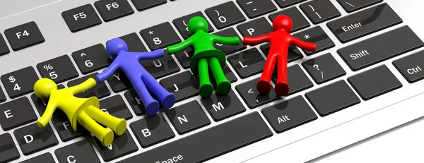 儿童残疾 自闭症和技术 四个彩色人物手持电脑键盘的手 — 图库照片