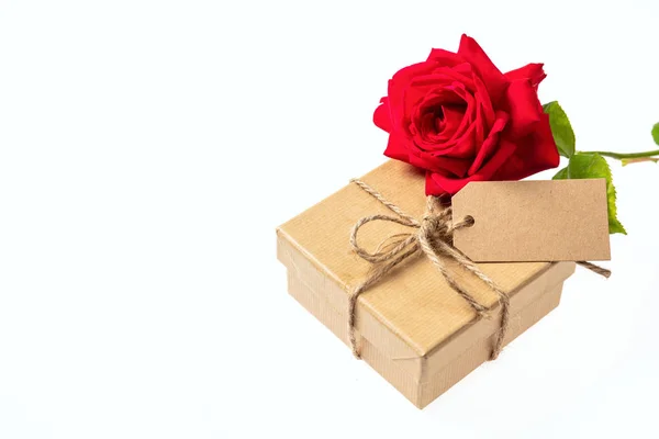 Dag Van Valentijnskaarten Rode Bloem Een Geschenkdoos Met Een Lege — Stockfoto