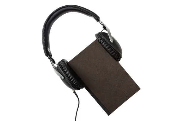 Concetto Audiolibro Libro Nero Cuffie Set Isolato Sfondo Bianco Vista — Foto Stock