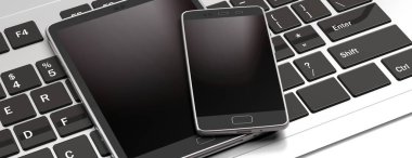 Teknoloji kümesi. Cep telefonu ve tablet bilgisayar laptop, kopya alanı boş siyah perde ile. 3D çizim