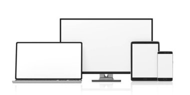 Gerçekçi boş monitörler, duyarlı tasarım kümesi. Bilgisayar monitör, dizüstü bilgisayar, tablet ve beyaz arka plan üzerinde kopya alanı izole smartphone. 3D çizim