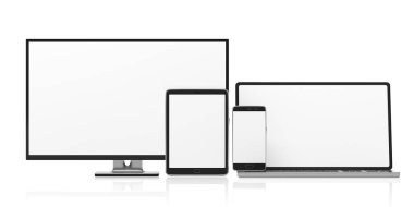 Gerçekçi boş monitörler, duyarlı tasarım kümesi. Bilgisayar monitör, dizüstü bilgisayar, tablet ve beyaz arka plan üzerinde kopya alanı izole smartphone. 3D çizim