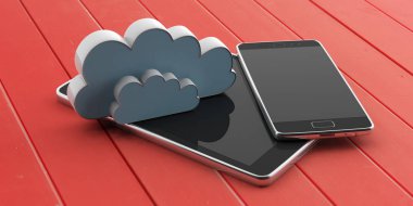 Bulut depolama. Cep telefonu ve tablet boş siyah perde ve kırmızı ahşap zemin üzerinde bir bulut ile. 3D çizim