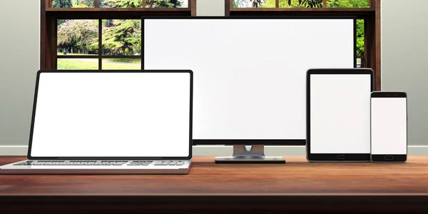 Set of realistic blank monitors, responsive design. Computer monitor, laptop, tablet and smartphone on wooden desk, nature out of the window. 3d illustration