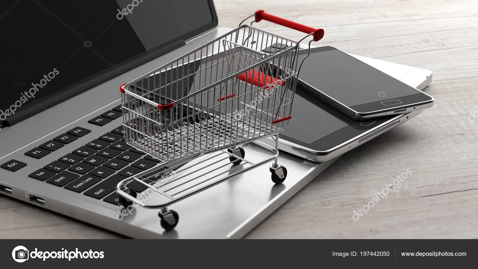 Online Shopping Concept Shopping Cart Smartphone Tablet Computer