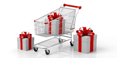 Noel alışveriş. Hediye kutuları kırmızı kurdele ve beyaz arka plan üzerinde izole alışveriş sepeti ile beyaz. 3D çizim