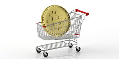Cryptocurrency ve alışveriş. Altın bitcoin beyaz arka plan üzerinde izole bir alışveriş arabası. 3D çizim