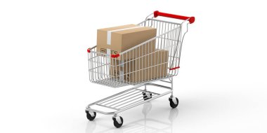 Kutuları bir alışveriş sepeti beyaz arka plan üzerinde izole kırmızı ayrıntılarla kapalı. 3D çizim