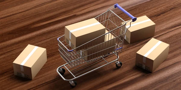 Boxes Closed Shopping Cart Wooden Background View Illustration — Stock Photo, Image