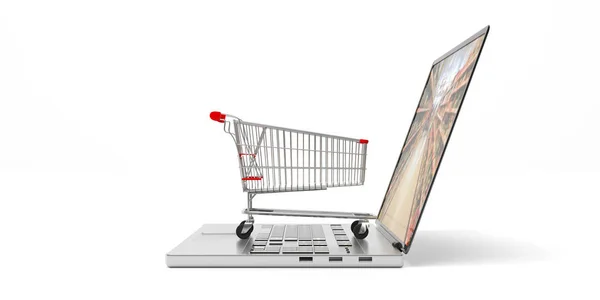 Online Winkelen Winkelwagen Een Laptop Computer Geïsoleerd Een Witte Achtergrond — Stockfoto