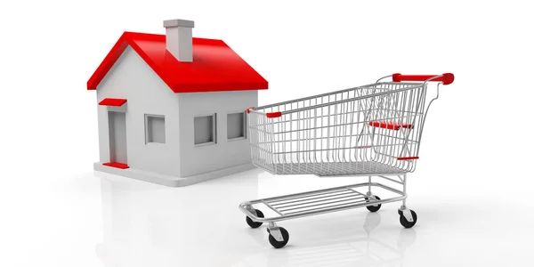 不動産事業 買い物カゴと白い背景で隔離赤い屋根の小さな家 イラストレーション — ストック写真