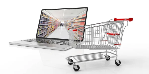 Online Vásárlás Bevásárló Kosarába Egy Számítógép Laptop Elszigetelt Fehér Background — Stock Fotó