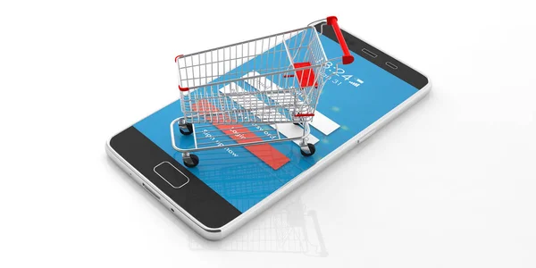 Shopping Online Carrello Vuoto Uno Smartphone Isolato Sfondo Bianco Illustrazione — Foto Stock