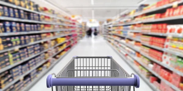 Supermarket Zakupy Koszyk Zakupy Puste Niebieski Uchwyt Rozmycie Tła Przy — Zdjęcie stockowe