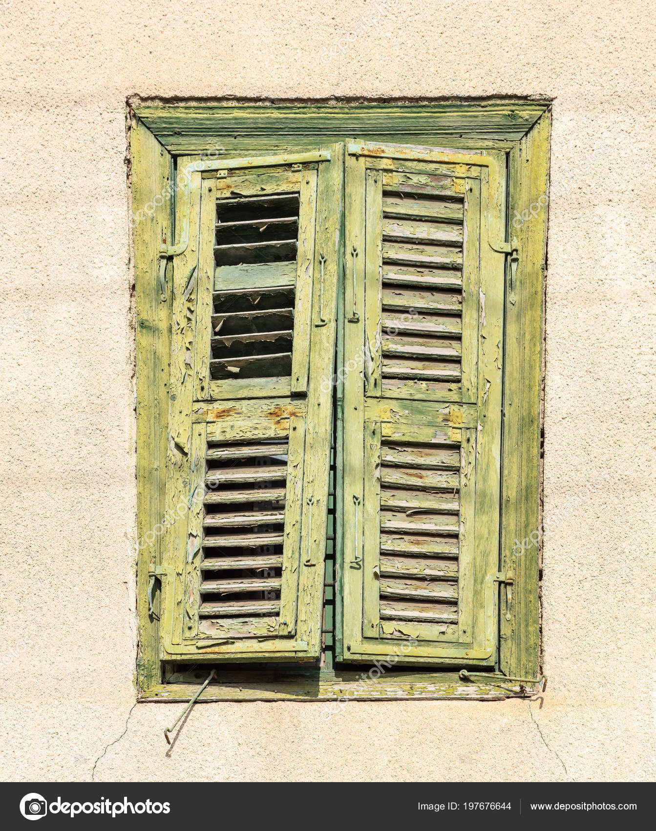 Cyprus Larnaca Green Weathered Window Yellow Wall Old City Stock