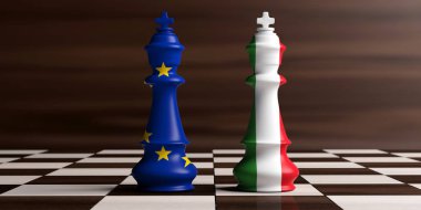 İtalya ve Avrupa Birliği ilişkileri, Italexit kavramı. Satranç kralların bir satranç tahtası, ahşap arka plan üzerinde Avrupa Birliği ve İtalya bayrakları. 3D çizim
