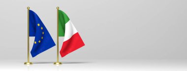 İtalya ve Avrupa Birliği ilişkileri, Italexit kavramı. İtalya ve Avrupa Birliği minyatür bayrakları beyaz arka plan, afiş, kopya alanı. 3D çizim