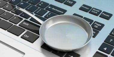 Online sipariş veya tarifi kavramı. Paslanmaz çelik kızartma sote pan bilgisayar keaboard. 3D çizim