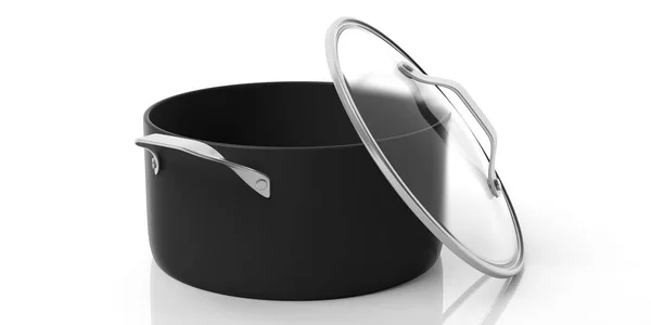 黑色不锈钢煮锅与开放玻璃盖子隔绝白色背景 — 图库照片