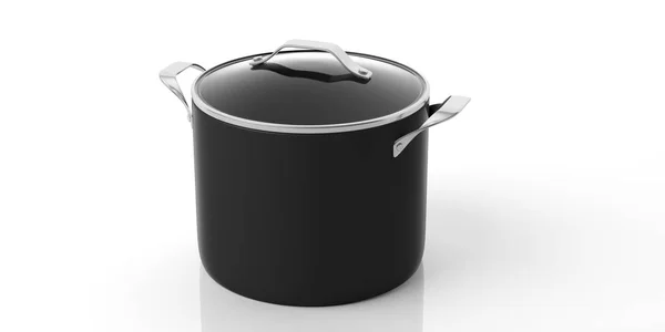 Pentola Acciaio Inox Nero Con Coperchio Vetro Isolato Fondo Bianco — Foto Stock