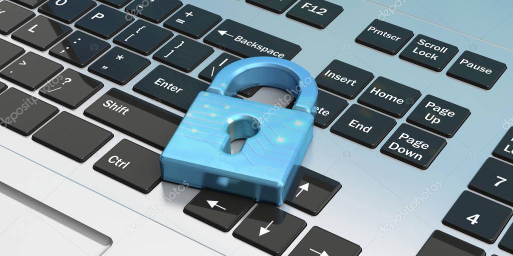 Computer security concept. Blue padlock on a computer keyboard. 3d illustration