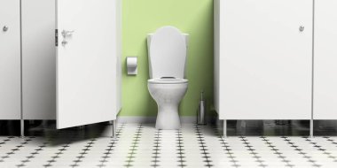Açık kapı ve beyaz tuvalet kase ile WC. su dolabı. 3D çizim
