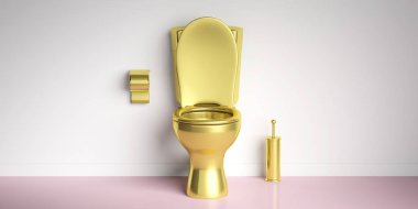 Lüks tuvalet. Altın klozet ve aksesuarları pembe katta, beyaz duvar arka plan boşluk kopyalayın. 3D çizim
