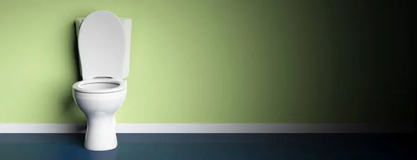 Weiße Toilettenschüssel Auf Grün Lackiertem Wandhintergrund Banner Kopierraum Vorderansicht Illustration — Stockfoto